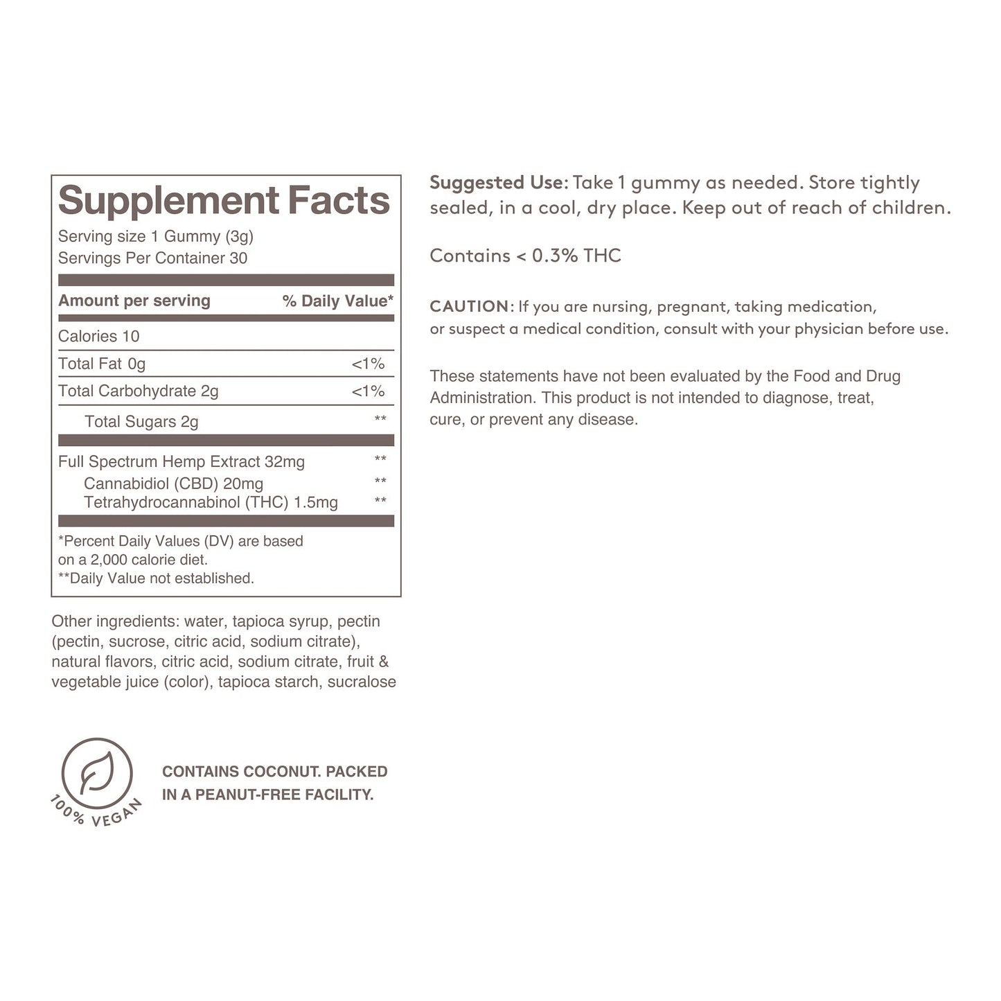 Supplement Facts information for Feals Tranquil Tangerine Relax Gummies